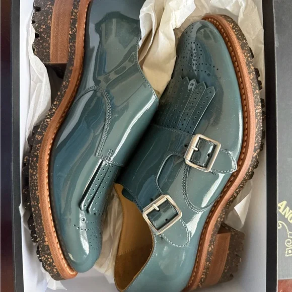 Angela Scott Teal Patent Kiltie Double-Buckle Loafers